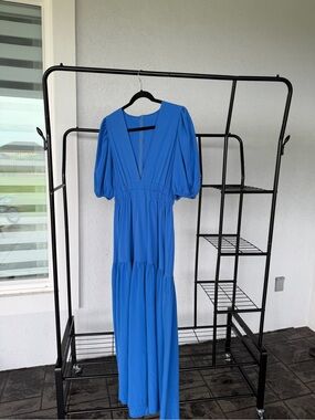 Vivid Blue V-Neck Midi Dress with Puff Sleeves